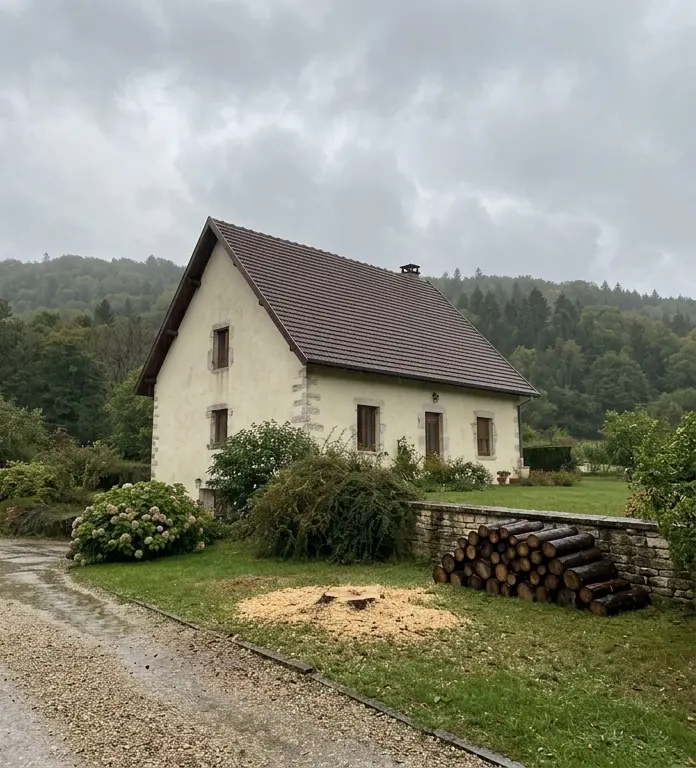 Même jardin après abattage, bois rangé en bûches