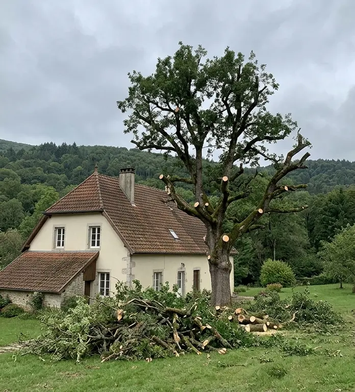 Même arbre après élagage, toiture dégagée